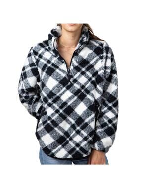 Women's Simply Southern Black White Plaid Quarter Zip Sherpa Pullover Sweatshirt